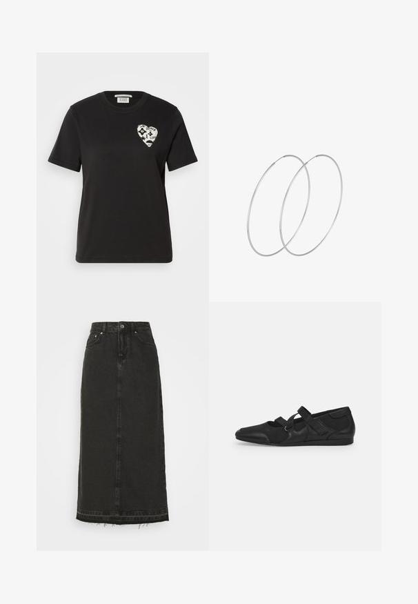 Sort bomulds T-shirt med rund halsudskæring, korte ærmer, der har et hvidt hjerte-design med abstrakte træk og tekst på venstre bryst.; Sort denim midi-nederdel med en tætsiddende talje, frontknaplukning og frynset kant. Har klassisk fem-lomme-design og let struktur.; Sorte flade sko med en blød, tekstureret overdel, der har to justerbare stropper og et rundt tådesign, monteret på en flad gummisål.; Sølvøreringe med et minimalistisk design. Cirkulær form, glat tekstur og tynd profil. Letvægtige med en poleret overflade.