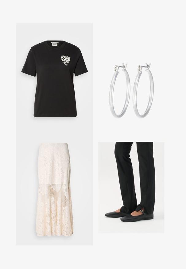 Čierne bavlnené tričko s okrúhlym výstrihom a krátkymi rukávmi, s bielym dizajnom srdca s abstraktnými prvkami a textom na ľavej hrudi.; Kvetinová čipkovaná midi sukňa v krémovej farbe; obsahuje vrstvený dizajn s priesvitnými časťami, textúrovanou čipkou a rozšíreným lemom.; Čierne kožené baletky s špicatou špičkou, remienkom so striebornou prackou, skombinované s čiernymi strihovými nohavicami so rozparkom na leme.; Strieborné kruhové náušnice s hladkým, lesklým povrchom. Kolový tvar a bezpečné klikanie na uzatváranie. Ľahký dizajn vhodný na každodenné nosenie.