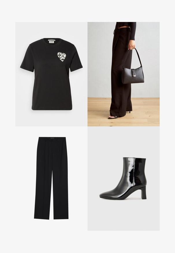 Juoda medvilnės marškinėliai su apvalia kaklo iškirpte, trumpomis rankovėmis, su balta širdies dizaino, turinčio abstrakčių bruožų ir teksto, aikšte kairėje krūtinės pusėje.; Juodos kelnes su tiesiomis sijonais, turinčios dvi priekinės kišenės ir juosmenį. Pagamintos iš lygios, lengvos medžiagos.; Juodos lakuotos odinės aulinukės su smailiu pirštu ir vidutinio aukščio blokuotu kulnu. Lygus paviršius ir minimalistinis dizainas.; Juodas rankinė struktūrizuota forma, lygi tekstūra ir metalinis užsegimas. Suporuota su plačiomis juodomis kelnėmis ir atvirais bateliais ant medinių grindų.