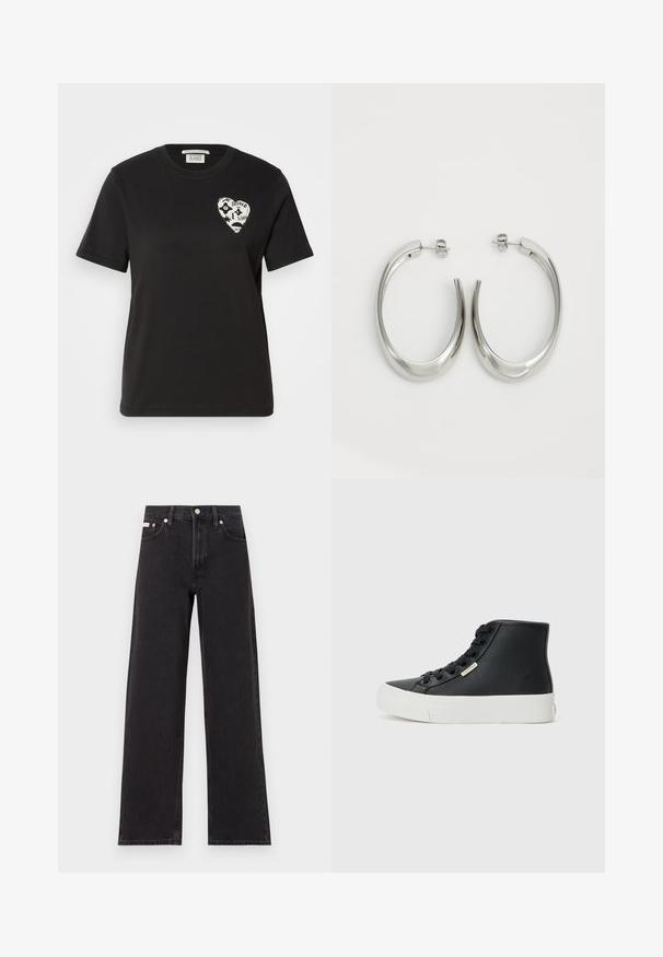 Black cotton t-shirt with a crew neckline, short sleeves, featuring a white heart design with abstract features and text on the left chest.; Black wide-leg jeans made of denim, featuring a high-rise waist, five-pocket styling, and a metal button closure with contrasting stitching.; Black high-top sneakers made of smooth leather with a white rubber sole. Features eyelets for laces and a small brand logo on the side.; Silver hoop earrings with a smooth, curved design. Features a shiny metallic finish and stud closure. No visible patterns or accents.