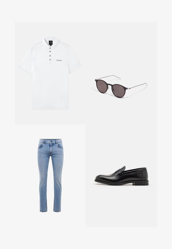 Valkoinen puuvillapoolopaita, jossa on lyhyet hihat, kauluspanta, viisi tummanväristä nappia ja kirjailtu "Armani Exchange" -logo rinnassa.; Vaaleansiniset farkut, joissa on slim fit -leikkaus, viisi taskua ja suorat lahkeet. Varustettu vetoketjulla ja vyölenkeillä. Pehmeä pinta.; Mustat nahkakengät, joissa on sileä pinta, pyöreä kärki ja koristeellinen nauha jalkapöydän yli. Matala pinoitu koroke, minimalistinen muotoilu.; Musta pyöreä aurinkolasit tummilla linsseillä ja kapeilla metallikehyksillä. Sisältää kirkkaat temppelet ja hopeiset yksityiskohdat saranassa. Minimalistinen muotoilu.