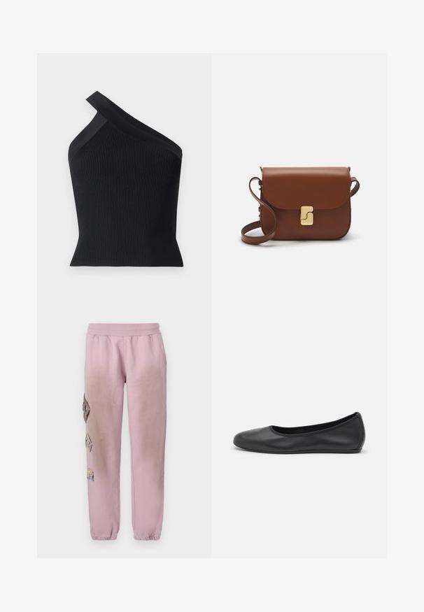 Iro FETHY - Viršus - black; Rožinės sportinės kelnės su elastinga juosta, kairėje pusėje dekoruotos rombo formos aplikacijomis ir elastingais užkulniais.; Juodai odiniai baletai su apvaliu pirštu, lygi texture, minimalus siuvimo detales ir lanksčiu padų dizainu.; Ruda odinė rankinė su uždaromu dangteliu, aukso spalvos detalėmis, petneša ir lygiu paviršiumi. Kompaktiška stačiakampio formos.