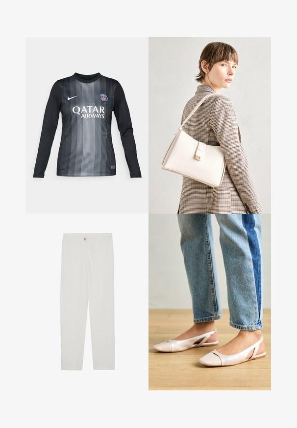 Dlouhý rukáv fotbalového dresu v černé a šedé barvě s vertikálními pruhy, obsahující kulatý výstřih, logo Nike a branding Qatar Airways.; Bílé kalhoty na míru s rovnými nohavicemi, se zapínáním na knoflík, poutky na opasek a bočními kapsami; hladká struktura látky.; Světle růžové slingback baleríny s špičatou špičkou, vyrobené z hladkého koženému materiálu. Obsahují vystřihovací detaily po stranách a plochý podpatek.; Bílá kožená kabelka se strukturálním designem, s magnetickým uzávěrem a ramenním popruhem, prezentovaná na neutrálním pozadí.