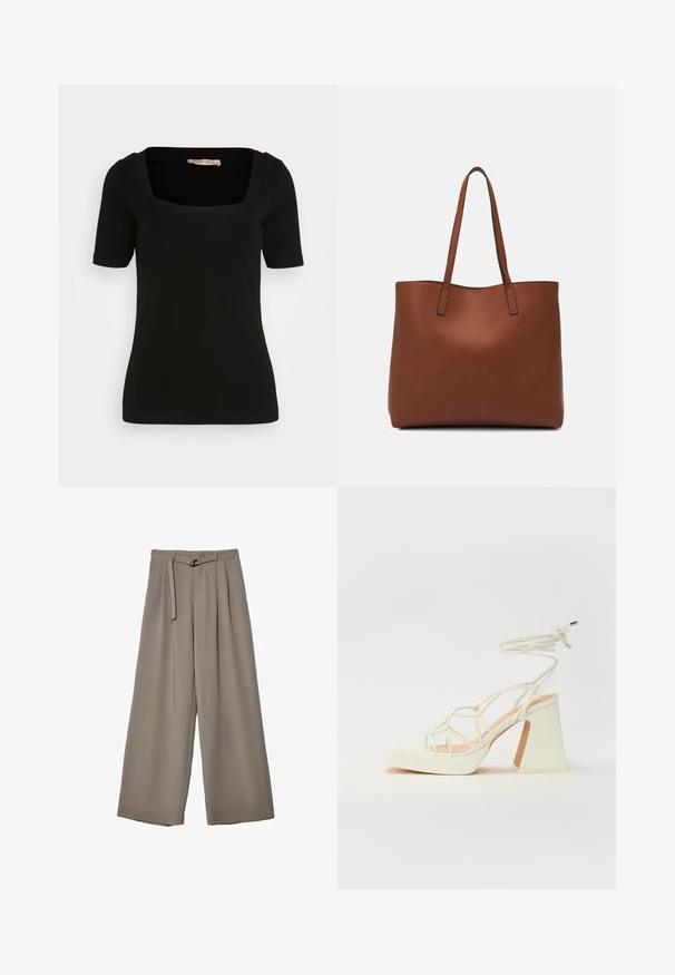 Black short-sleeve top with a square neckline. Made of soft, stretchy fabric. Features neat stitching and a fitted silhouette.; Wide-leg trousers in a soft, muted grey fabric, featuring a belted waist and pleats for added design detail. Smooth texture, no patterns.; White high-heeled sandal with a chunky heel, featuring a strappy design and ankle tie. Smooth texture with a platform front for added height.; Brown leather tote bag with a smooth texture, open top design, and two shoulder straps. Features minimal stitching and no visible hardware.