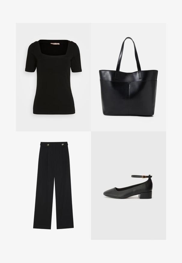 Musta lyhythihainen paita, jossa on neliön muotoinen kaula-aukko. Valmistettu pehmeästä ja joustavasta kankaasta. Ominaisuuksina siisti ompelu ja istuva siluetti.; Mustat leveälahkeiset housut, joissa on korkea vyötärö, napit vyötärönauhassa ja etupuolella laskokset.; Mustat nahkakengät, joissa on terävä kärki ja matala lohkare korko. Varustettu nilkkahihnalla, jossa on kultasävyinen solki. Lisää sileä pinta.; Musta nahkainen kassi, jossa on kaksi pitkää kahvaa, sileä pinta ja jämäkkä muoto. Sisältää etutaskun lisävarastointia varten.
