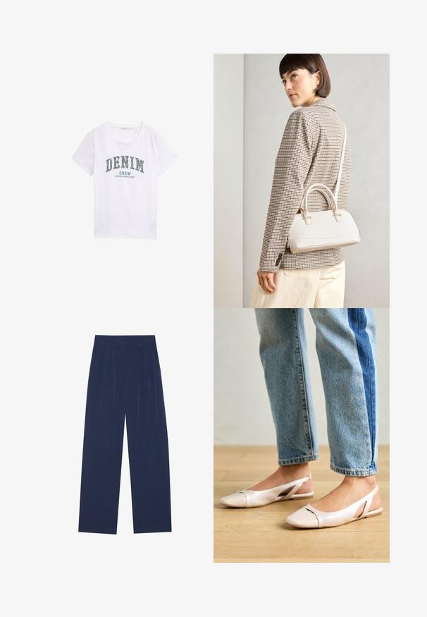 T-shirt bianco in cotone con stampa grafica blu che riporta la scritta "DENIM CREW ESTABLISHED 2007" in un design ad arco. Maniche corte, scollatura rotonda.; Pantaloni a gamba larga blu navy realizzati in tessuto morbido, dotati di pieghe frontali, una texture liscia e una vestibilità dritta senza tasche visibili.; Ballerine slingback rosa pallido con punta affusolata, realizzate in un materiale simile alla pelle liscio. Presentano dettagli a taglio sui lati e un tacco piatto.; Borsa a mano bianca strutturata con manici corti e tracolla, dotata di dettagli in metallo dorato e materiale testurizzato, esposta su uno sfondo grigio.