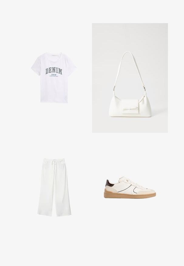 Biela bavlnená tričko s modrou grafickou potlačou, na ktorej je nápis "DENIM CREW ESTABLISHED 2007" v oblúkovom dizajne. Krátke rukávy, okrúhly výstrih.; Biele široké nohavice vyrobené z mäkkej látky, s pásekom na sťahovanie a dvoma prednými vreckami. Hladká textúra a bez viditeľných vzorov.; Stradivarius Tenisky - white; Biela syntetická kabelka s trojuholníkovým tvarom, plochým predným klapkou a detailom mašle, nastaviteľným popruhom, hladkou textúrou a minimalistickým dizajnom.