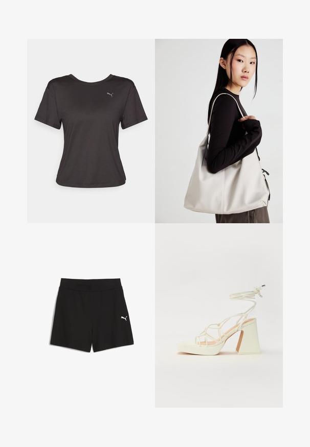 Juodas trumpas rankovėmis marškinėliai, pagaminti iš lygaus audinio, su apvalia iškirpte ir mažuoju pilku Puma logotipu ant krūtinės.; Juodi šortai iš juostelės audinio, su plačiu elastingu juosmeniu ir mažuoju baltu Puma logotipu apatinėje kairėje pusėje.; Balti aukštakulniai sandalai su masyviu kulnu, su dirželių dizainu ir kulkšnies raiščiu. Lygi tekstūra su platforma priekyje, suteikianti papildomą aukštį.; Bežinė rankinė, pagaminta iš minkštos medžiagos, turinti laisvą dizainą, siuvinėtas detalės ir dvi petnešos. Tinkama kasdieniam naudojimui.