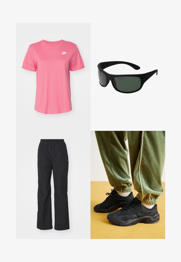 Nike Sportswear CLUB TEE - Basic póló - aster pink/white; Fekete, könnyű anyagú nadrág, rugalmas derékkal és zsinórral. Texturált felülettel rendelkezik, valamint egy kis fényvisszaverő logóval az oldalon.; Fekete sportcipők hálós és szintetikus borítással, texturált talppal, zöld, rugalmas mandzsettájú melegítőnadrággal, sárga felületen.; Fekete, körbejáró napszemüveg sötétzöld lencsékkel. Matt felület, ívelt forma, egyenes szárakkal és diszkrét logóval az oldalon.