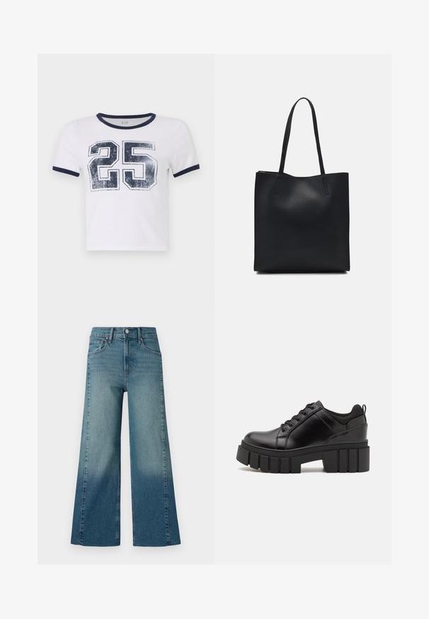 Fehér pamut póló tengerészkék bordás gallérral és mandzsettákkal, az elején egy megkopott "25" számú nyomat található.; Közép kék mosású, széles szárú farmernadrág, amely sötétből világosba átmenetes színű. Denim anyagból készült, hagyományos öt zsebes kialakítással.; Fekete bőr platform cipők vaskos blokk sarkakkal, kerek orral és hagyományos fűzős kialakítással. Simára csiszolt felület és minimális részletezés jellemzi.; Fekete bőrtáska sima felszínnel, téglalap alakú, két hosszú füllel. Nincs látható fémkiegészítő vagy díszítés.