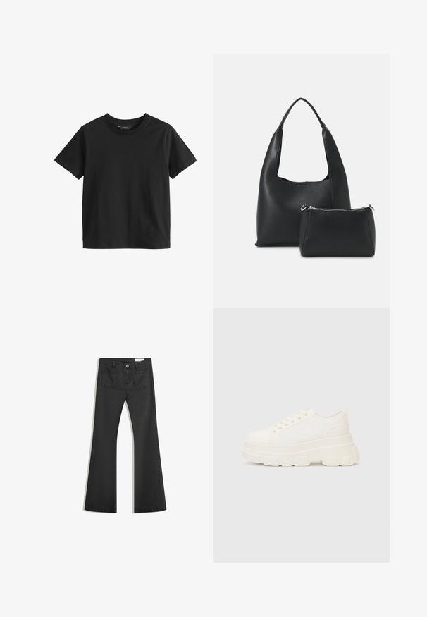 Next SHORT SLEEVE CREW NECK REGULAR FIT - Printtipaita - black; Mustat leveälahkeiset farkut, jotka on valmistettu sileästä denimmateriaalista. Farkuissa on kaksi takataskua ja nappikiinnitys vyötäröllä.; Valkoinen kangaskenkä paksulla pohjalla, pyöreällä kärjellä ja viidellä nauhakuutiolla. Takareunan vipu helpottaa pukemista. Sileä pinta, minimalistinen muotoilu.; Even&Odd Käsilaukku - black