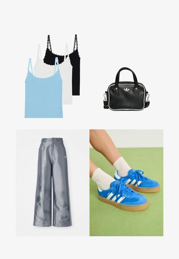 Trojica tílkov s čipkovými ramienkami: jedno svetlomodré, jedno biele a jedno čierne. Vyrobené z mäkkého materiálu s priliehavým strihom.; Široké nohavice z lesklého šedého materiálu, s bielymi bočnými pruhmi a plamenným vzorom na dolnej časti nohavíc. Zapínanie na gombík a zips v páse.; Modré semišové tenisky s bielymi pruhmi, gumenou podrážkou, okrúhlou špičkou a textilnými šnúrkami. V kombinácii s krémovými ponožkami na zelenej ploche.; Čierna kožená kabelka s dvoma krátkymi držadlami, striebornými kovovými doplnkami, bielymi akcentmi a bielym logom. Vyznačuje sa textúrovaným povrchom a kompaktným dizajnom.