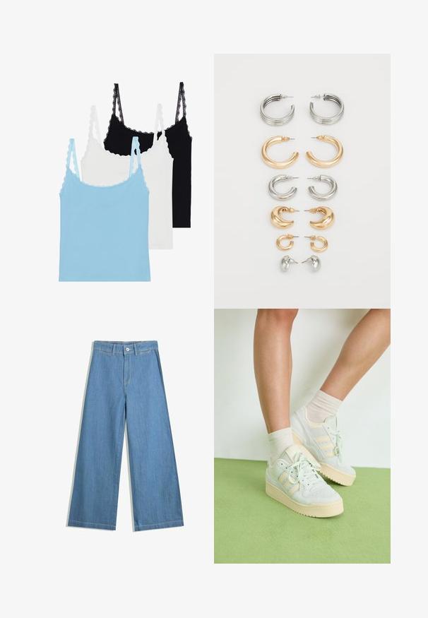 Kolme topin mallista toppia, joissa on pitsisomisteiset olkaimet: yksi vaaleansininen, yksi valkoinen ja yksi musta. Valmistettu pehmeästä materiaalista, jossa on muotoiltu istuvuus.; Vaalean siniset leveälahkeiset farkut, joissa on nappikiinnitys, vyölenkit ja hillitty ompelutaito.; Vaaleanvihreät tennarit, joissa on tekstuuripinta, kolme valkoista raitaa, vaalea kumipohja ja nauhakiinnitys. Yhdistetty vaaleisiin sukkiin.; Sarjan kahdeksasta metallikorusta, joissa on hopean ja kullan sävyjä. Mukana on erilaisia renkaiden tyylejä, tekstuureja ja viimeistelyjä, järjestetty koon mukaan.