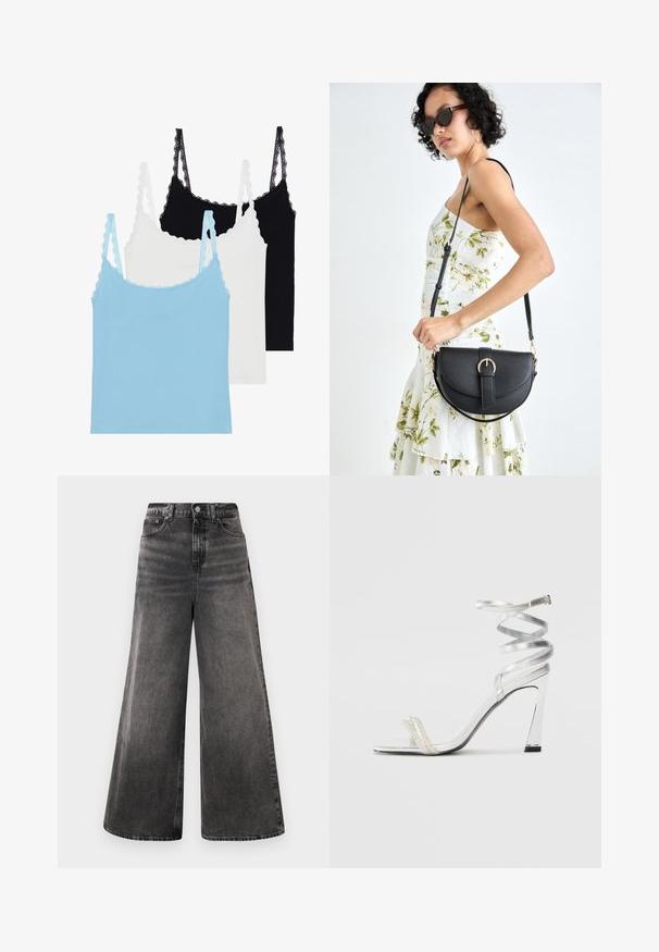 Trīs topiņi ar mežģīņu apdari: viens gaiši zils, viens balts un viens melns. Izgatavoti no mīksta materiāla ar pieguļošu formu.; Plati melni denima džinsi ar izbalējušu apdari, piecu kabatu dizains un pogu aizdare jostas vietā, ar izšūtiem akcentiem.; Sudrabaini augstpapēžu sūna ar spīdīgu siksnu dizainu, kurā ir pērlēm līdzīgs akcents un spirālveida potītes siksna drošai pieguvei.; Melnas ādas rokassoma ar izliekta formu, noņemamu siksnu un zelta aksesuāriem. Somai ir vāciņš ar sprādzes detaļu.