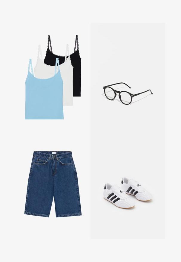 Tři tílka s krajkovými ramínky: jedno světlé modré, jedno bílé a jedno černé. Vyrobeno z měkkého materiálu s přiléhavým tvarem.; Denim šortky v tmavě modré barvě, s pěti kapsami, rovný střih a viditelnými švy. Hladký povrch a střední pas.; Bílé sportovní boty s černými pruhy, s texturou připomínající semiš, zaoblenou špičkou a suchým zipem. Gumová podrážka pro lepší přilnavost.; Kulaté černé sluneční brýle s průhlednými čočkami, tenkými černými rameny a malými kovovými akcenty na přední straně. Klasický design s minimalistickým stylem.