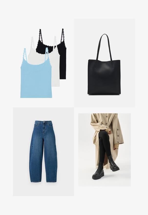 Tres camisetas sin mangas con tirantes de encaje: una de color azul claro, una blanca y una negra. Fabricadas con un material suave y de corte ajustado.; Jeans de denim en un lavado azul medio, con una cintura alta, corte de pierna ancha y diseño estándar de cinco bolsillos con detalles de costura visibles.; Botas de piel negra hasta el tobillo con detalle de cordones, suela de plataforma elevada y leggings negros texturizados, combinadas con un abrigo trinchera ligero en color beige claro.; Bolso tote de cuero negro con textura lisa, forma rectangular y dos asas largas. Sin herrajes ni adornos visibles.