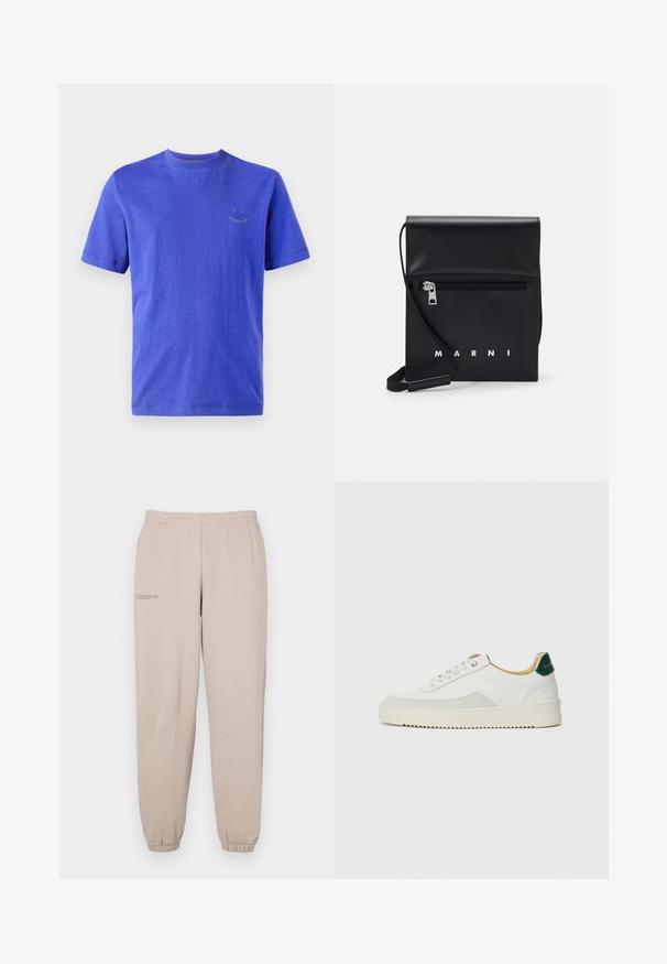 PS Paul Smith HAPPY REGULAR FIT - Pamata T-krekls - blues; Bežīgas sviedru bikses no mīksta auduma, ar elastīgu jostasvietu un piedurknēm, ar mazu printētu tekstu kreisajā kājā.; Baltas sneakers ar zamša akcentiem, noapaļota purngala, plakaniem auklām un krēmkrāsas gumijas zoli. Ar zaļu zīmolu uz papēža.; Melnas ādas plecu soma ar rāvējslēdzēja priekšējo kabatu, iepresēto logotipu un regulējamu siksnu. Raita tekstūra ar strukturētu formu.