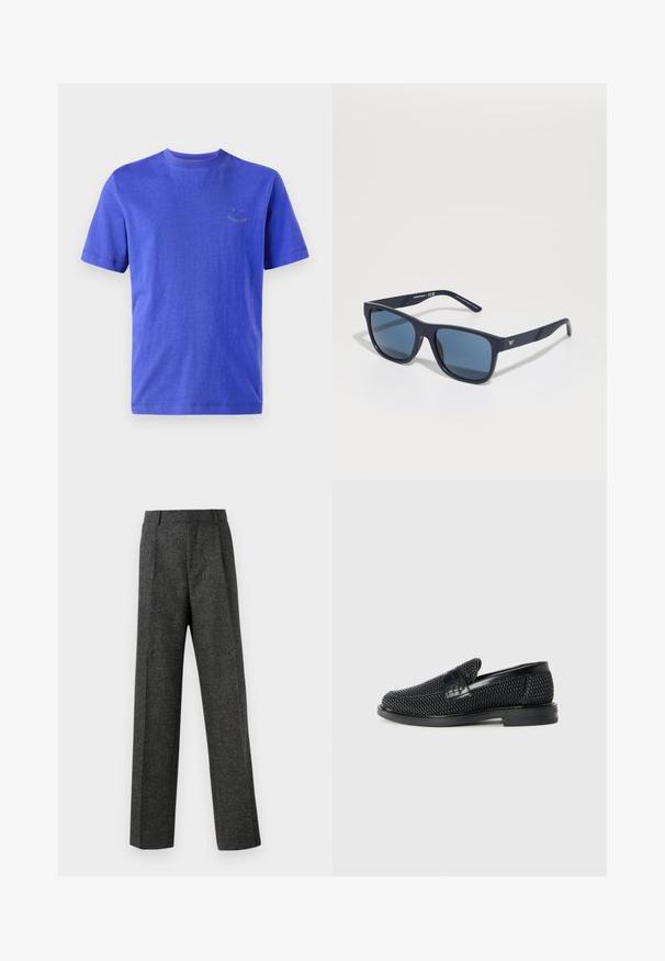 PS Paul Smith HAPPY REGULAR FIT - Basic póló - blues; Szürke, texturált anyagból készült, szabott nadrág, két elülső pliszével és egyenes lábbal. Nincsenek látható zsebek vagy díszítések.; Fekete szőtt slip-on cipő sima bőr díszítéssel a felsőrészen, kerek orral és alacsony profilos gumitalppal.; Kék téglalap alakú napszemüveg sötét lencsékkel, matt sötétkék kerettel, logóval a szárán, egyenes karokkal és sima, egységes textúrával.