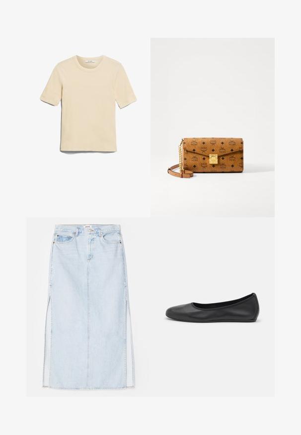 Koszulka z krótkim rękawem, okrągłym dekoltem w jasnym beżu. Wykonana z miękkiego materiału o gładkiej teksturze, z metką „IVY OAK.”; Jasnoniebieska dżinsowa spódnica maxi o prostym kroju, z bocznymi rozcięciami i pięcioma kieszeniami. Wyraźne przyszycia i metalowe zapięcie na guzik.; Czarne skórzane baletki z zaokrąglonym noskiem, gładką fakturą, minimalnymi przeszyciami i elastycznym designem podeszwy.; Brązowa skórzana torebka z wytłoczonym wzorem logo, złotymi elementami, klapą na zgięciu oraz odpinanym łańcuszkiem i skórzanym paskiem. Wymiary nieokreślone.