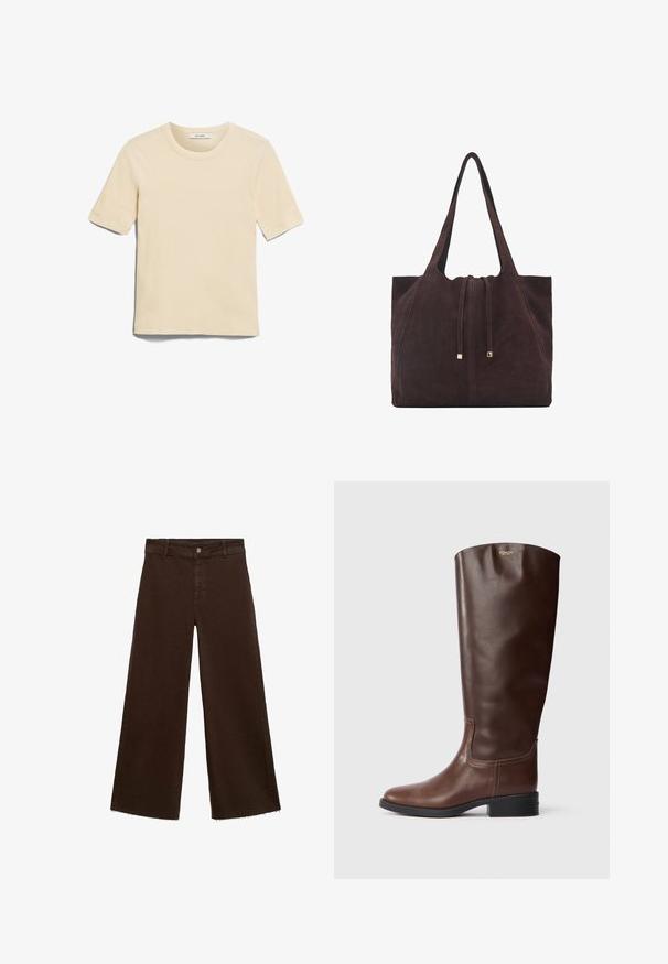 Tricou cu mânecă scurtă și guler rotund, de culoare bej deschis. Realizat dintr-un material moale, cu o textură netedă, având un etichetă pe care scrie "IVY OAK."; Pantaloni largi maro dintr-un amestec de bumbac, cu un tiv desfăcut, închidere cu buton frontal și un design clasic cu cinci buzunare. Minimalist și versatil.; Botă din piele maro, până la genunchi, cu un finisaj neted, vârf rotunjit și toc mic pătrat. Include detalii de cusătură subtile și un logo în partea de sus.; Mango Geantă de pânză - dark brown
