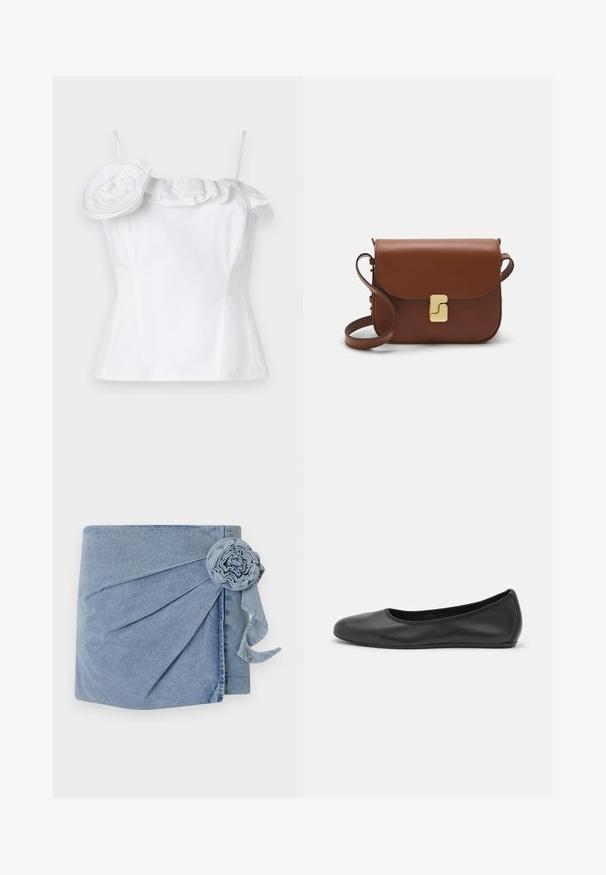 Witte mouwloze top met een gerimpelde halslijn en een grote, decoratieve bloemaccent aan één kant; gladde textuur, aangesloten ontwerp.; Denim wikkel met een lichtblauwe tint, gedetailleerde plooien en een decoratieve bloemenaccent met een hangend lint. Zachte textuur en casual ontwerp.; Zwarte leren ballerina met een ronde neus, gladde textuur, minimale stikdetails en een flexibele zoolontwerp.; Bruine leren handtas met een klep sluiting, gouden hardware, een schouderband en een gladde textuur. Compact rechthoekige vorm.