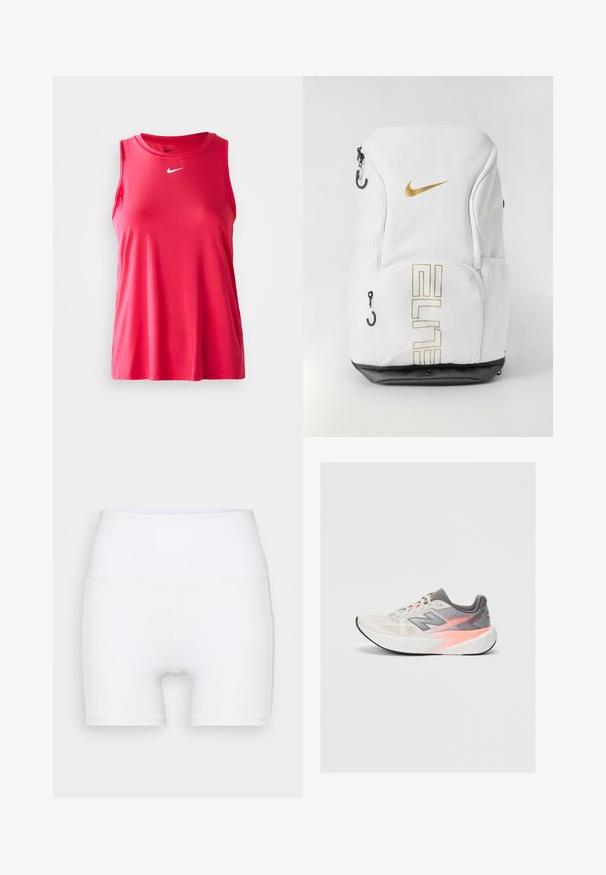 Nike brezrokavni športni top v živahno roza barvi. Izdelan iz gladkega, lahkega materiala. Na prsih ima bel Nike znak.; Bele visoke hlače iz raztegljivega materiala. Imajo gladko teksturo in oprijet obliko, brez dodatnih vzorcev ali kovinskih delov.; Svetlo sivi in roza tekaški čevlji New Balance z debelim belim podplatom in črnim podplatom, stranski pogled na enostavni podlagi.; Nike nahrbtnik v beli barvi z zlatim logotipom in besedilom "ELITE", z zadrgo, mrežastimi stranskimi žepi in črnim dnom. Gladka tekstura.