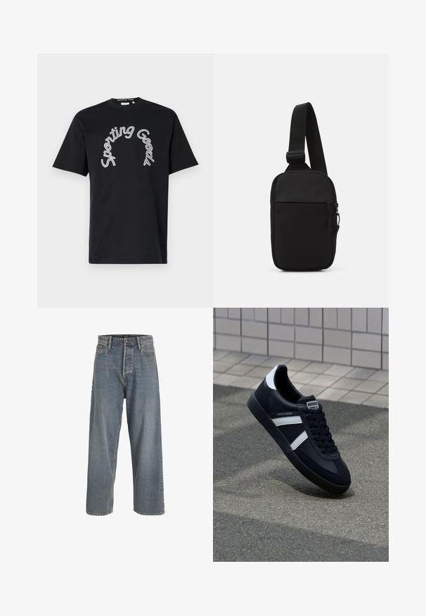 Fekete pamut póló, ívelt "Sporting Goods" felirattal fehér színben. Rövid ujjú és kerek nyakú design. Sima textúra.; Világoskék, bő szabású farmernadrág magas derékkal, öt zsebes kialakítással és látható varrásokkal. Puha tapintás, enyhén megfakult megjelenéssel.; Fekete bőr sportcipő fehér csíkokkal, textúrált gumitalppal és fűzős elejével. A nyelvén márkás címke található.; Fekete keresztpántos táska, tartós anyagból készült, egy állítható pánttal, cipzáras főrekesszel és elülső zsebbel.