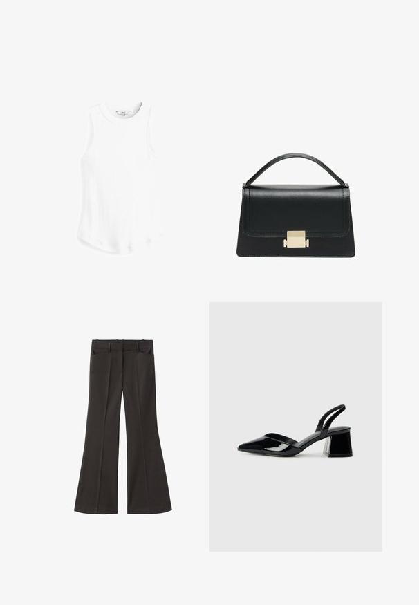 Next RACER TANK - Top - white rib; Černé rozšířené kalhoty s vysokým pasem; mají dvě přední kapsy a hladkou texturu látky. Vhodné pro různé příležitosti.; Černé lakované kožené lodičky na pásku s špičatou špičkou a geometrickým blokovým podpatkem. Vyznačují se elegantním, minimalistickým designem a hladkým povrchem.; Černá kožená kabelka se strukturovaným designem, horním uchopením a zlatým kovovým zapínáním na přední straně. Hladký povrch, minimální švy.