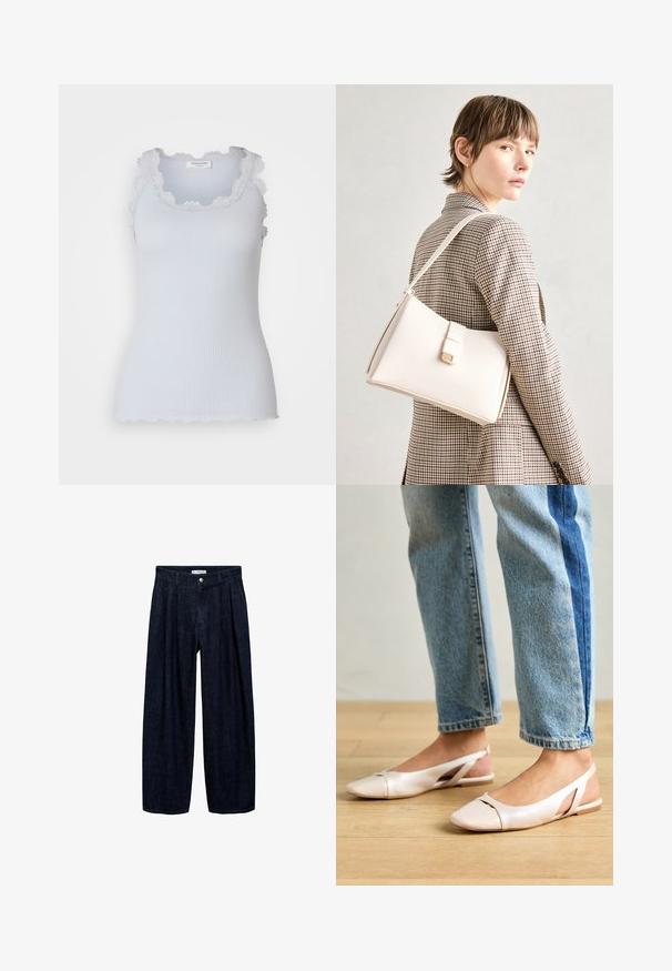 Svijetloplavi rebrasti top bez rukava s čipkastim obrubom oko vrata i otvora za ruke. Prilagođen dizajn s glatkom teksturom i bez vidljivih zatvarača.; Tamno plave široke hlače s plisama na struku, s prednji gumbom i petljama za remen. Glatka tekstura i dizajn punih dužina.; Svijetlo ružičaste slingback balerinke s šiljastim vrhom, izrađene od glatkog materijala nalik koži. Sadrže izrezane detalje sa strane i ravnu petu.; Bijela kožna torba s čvrstim dizajnom, s magnetskim kopčanjem i remenom za rame, prikazana na neutralnoj pozadini.