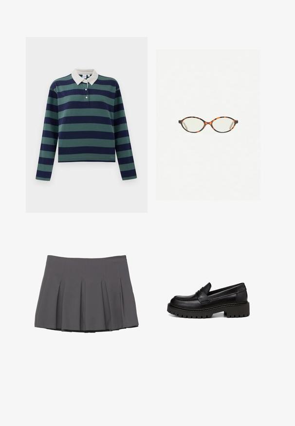 Polo majica s dugim rukavima u temno modrim i šumskim zelenim prugama, s belim okovratnikom i plaketom na tri dugmeta; izrađena od mekog pamučnog materijala.; Siva plisirana krila z gladko teksturo, z nenatančnimi detajli in prilegajočim pasom, ki se končuje na višini sredine stegna.; Marc O'Polo LOAFER MIT ROBUSTER PROFIL - Čevlji brez vezalk - black; Kornjačaste očala z ovalnimi lečami in gladko, sijočo površino. Imajo tanke stranice z rahlim ovinkom na templjih. Prosojne leče.