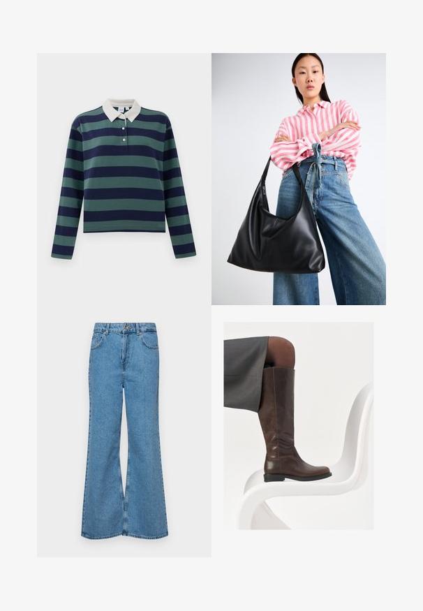 Sötét tengerészkék és erdei zöld csíkos hosszú ujjú pólóing, fehér gallérral és három gombos nyakrésszel; puha pamut anyagból készült.; Világoskék, trapézszárú farmernadrág, magas derékkal, öt zsebbel és egy gombos záródással. Puha tapintású, magasított effektusú anyag.; Barna bőr térdig érő csizma, lekerekített orral, sima felülettel és minimális varrási részletekkel, világos háttér előtt, egy fehér széken.; Fekete bőr válltáska, laza formával és varrás részletekkel. A model egy rózsaszín és fehér csíkos inget visel széles szárú kék farmernadrággal.
