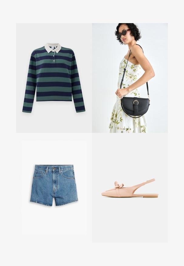 Lange mouwen polo shirt in donker marineblauw en bosgroene strepen, met een witte kraag en een drie-knopen sluiting; gemaakt van zacht katoen.; Lichtblauwe denimshorts met vijf zakken, een ritssluiting en een knoopsluiting. De zoom is rafelig en heeft een ontspannen pasvorm.; Nude leren slingback ballerina met een spitse neus, strikaccent en minimalistisch bandjesontwerp. Soepele textuur en slanke silhouette.; Zwarte leren handtas met een gebogen vorm, afneembare schouderband en gouden hardware. De tas heeft een klep met een gespsluiting.