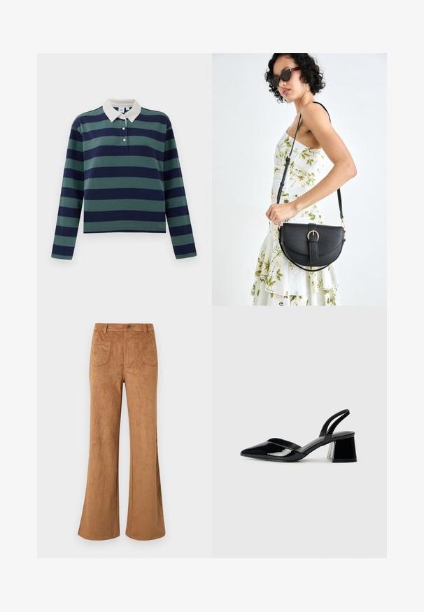 Langermet polo skjorte i mørk marineblå og skogsgrønne striper, med hvit krage og tre-knapp placket; laget av myk bomullsmateriale.; Brune semsket flared bukser med høy midje, front- og baklommer, og en glatt tekstur. Designet for en avslappet passform gjennom benet.; Svarte patentlær slingback hæler med spiss tå og geometrisk blokk hæl. Har et stilrent, minimalistisk design og jevn tekstur.; Svart lærveske med en buet form, avtagbar stropp og gullbeslag. Vesken har et klaff med spenne-detall.