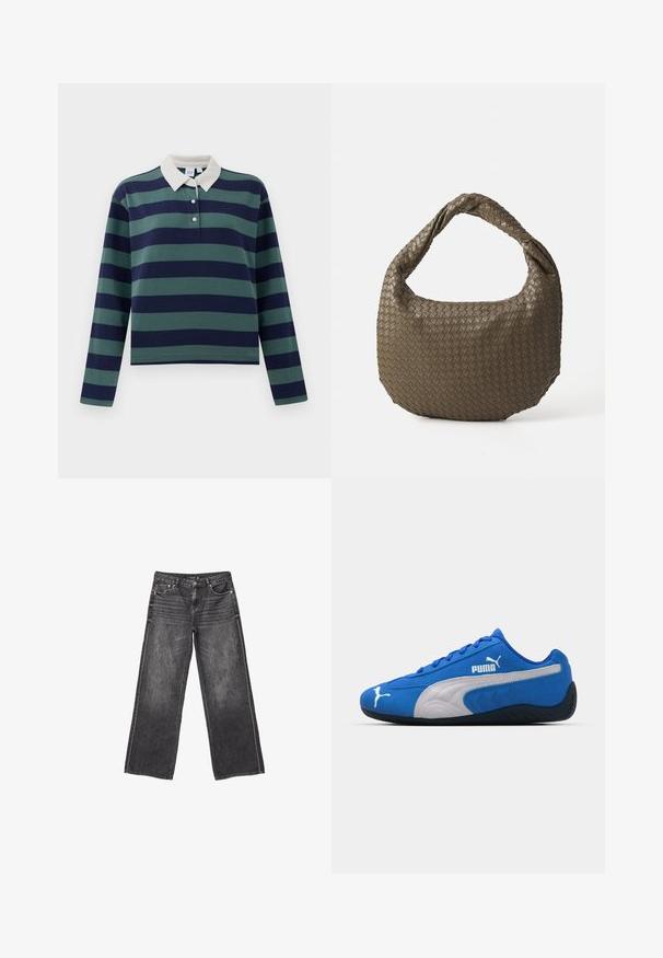 Langarm-Poloshirt in dunkelblau und dunkelgrünen Streifen, mit einem weißen Kragen und einer Drei-Knopf-Leiste; aus weichem Baumwollmaterial gefertigt.; Dunkelgraue weite Jeans aus Denim mit Vorder- und Hintertaschen, Knopfverschluss und dezentem, ausgewaschenem Detail.; Blaue Sportschuhe mit einem Obermaterial aus Wildleder, ausgestattet mit einem weißen Seitenpanel und einer schwarzen Gummisohle. Enthält ein erhabenes PUMA-Logo an der Seite.; Geflochtene olivgrüne Handtasche mit runder Form und gedrehter Tragegriff. Strukturiert Oberfläche mit diagonaler Musterung. Reißverschlussverschluss.
