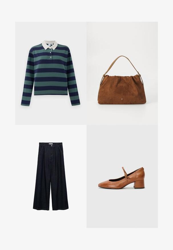 Lange mouwen polo shirt in donker marineblauw en bosgroene strepen, met een witte kraag en een drie-knopen sluiting; gemaakt van zacht katoen.; Donkerdenim wijde-broek met een hoge taille, voorzien van een sluiting met knoop aan de voorkant, twee zijzakken en stikdetails.; Tamaris Klassieke pumps - cognac; Bruine suède handtas met een geplooid ontwerp, voorzien van een enkele tan kleur leren schouderband en een subtiele gouden logo-detail aan de voorkant.