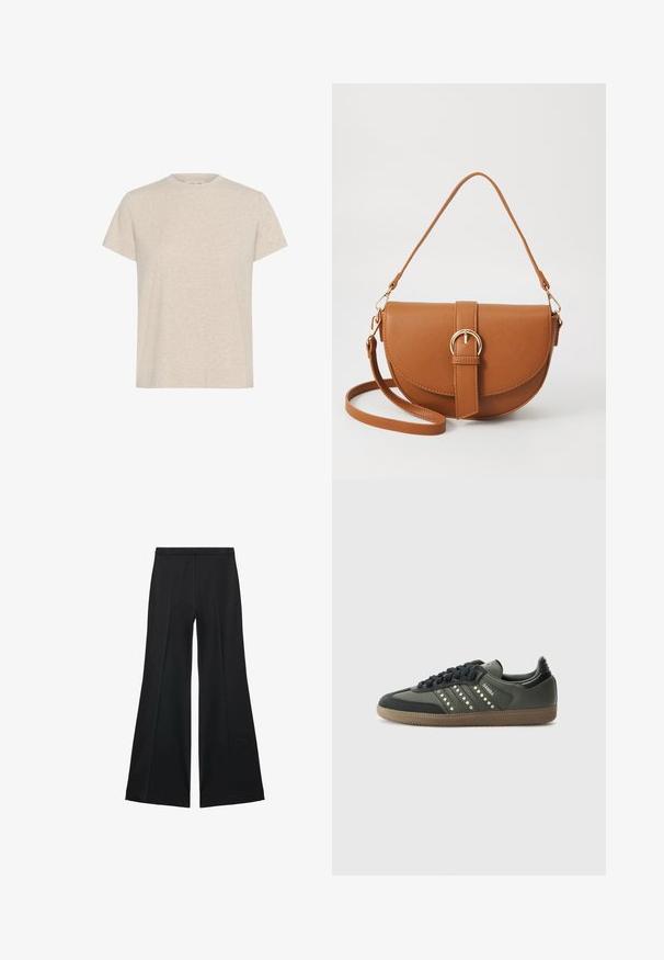 Beige kortærmet t-shirt lavet af et tekstureret stof, med en klassisk rund halsudskæring og en afslappet, lige pasform.; Sorte brede bukser med en glat tekstur, der har fremadrettede folder og en skræddersyet design. Stofferne er lette og flerdimensionelle.; adidas Originals SAMBA OG - Sneakers - core black/legend earth/gum; Brun læder crossbody taske med en buet form, guldfarvet hardware og en spændeaccent. Har en aftagelig skulderrem.