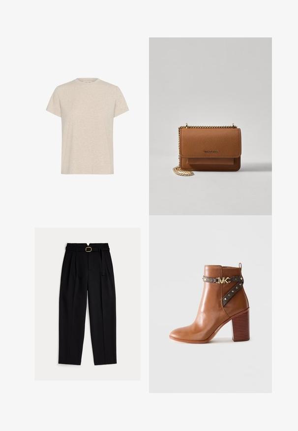 Beige lühikeste varrukatega t-särk, mis on valmistatud tekstuuriga kangast, klassikalise ümarat kaelaauku ja vabalt langeva sirge lõikega.; Mustad klassikalise lõikega kõrge vöökohaga püksid, millel on vöö ja volditud esikülg ning lai sääreosa. Valmistatud siledast kangast.; Pruun nahkne pahkluu saabas, millel on kõrge plokk konts, külgrihm kullast nänni ja kuldne "MK" logo pandla.; Pruun tekstureeritud nahk ristkeha kott kuldse ahelaga rihmaga ja klapiga sulgemine. Esiküljel on logo detail ja tasku klapi all.