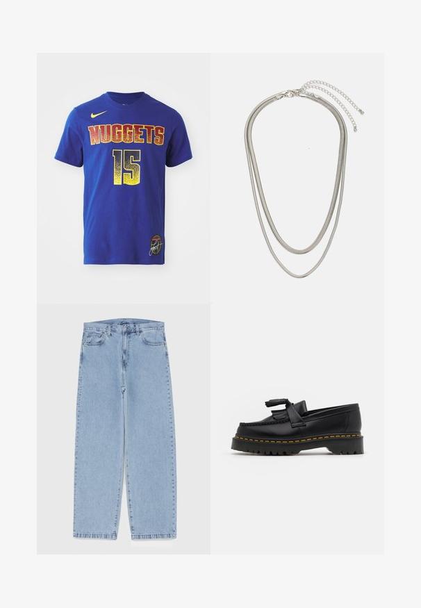 Camiseta de algodón azul con "NUGGETS" en gradiente rojo y amarillo, número "15" debajo. Logo de Nike en el lado izquierdo del pecho, parche bordado en el dobladillo.; Jean de mezclilla azul claro con diseño de pierna recta, con una cintura de altura media, cinco bolsillos y un cierre de botón y cremallera.; Mocasín de cuero negro con un acento de borlas, que presenta una suela gruesa negra y costuras amarillas a lo largo del borde. Acabado texturizado.; Collar de metal plateado de tres capas que presenta cadenas flexibles y elegantes con un ligero brillo, asegurado con un cierre de langosta y cadena ajustable.