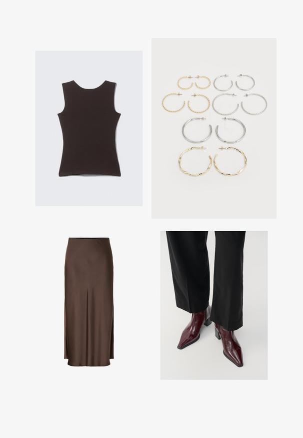 Ärmelloses, schokoladenbraunes Oberteil aus weichem Stoff. Hat einen runden Ausschnitt und eine glatte Textur, ohne sichtbare Muster oder Akzente.; Brauer Satinrock mit geradem Schnitt, der seitliche Schlitze für Bewegungsfreiheit und eine glatte Textur im gesamten Stoff bietet.; Burgunderfarbene Lackleder-Ankle Boots mit spitzer Zehe, klobigem Absatz und strukturierter Oberfläche, kombiniert mit schwarzen, weit geschnittenen Hosen.; Set aus zwölf Ohrhängern in Silber- und Goldtönen. Enthält gedrehte, glatte und strukturierte Designs in verschiedenen Größen und Oberflächen.