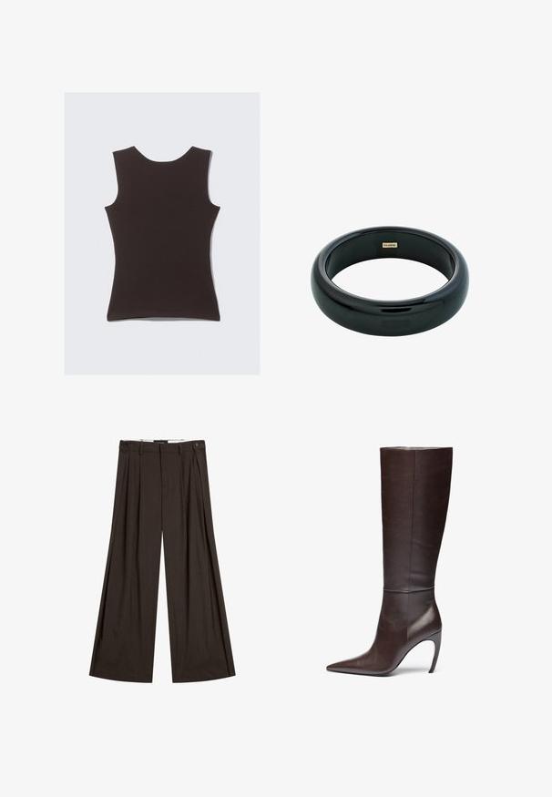 Ärmelloses, schokoladenbraunes Oberteil aus weichem Stoff. Hat einen runden Ausschnitt und eine glatte Textur, ohne sichtbare Muster oder Akzente.; Braune weit geschnittene Hose aus leichtem Stoff, mit vorderen Falten, zwei Seitentaschen und einem einzelnen Knopfverschluss.; Braune Lederkniehohe Stiefel mit spitzer Zehe und Stiletto-Absatz, die eine glatte Textur und ein minimalistisches Design aufweisen.; Schwarzes Harzarmband mit einer glatten, glänzenden Oberfläche und abgerundeten Kanten. Verfügt über ein kleines goldfarbenes "Pilgrim"-Logo im Inneren.