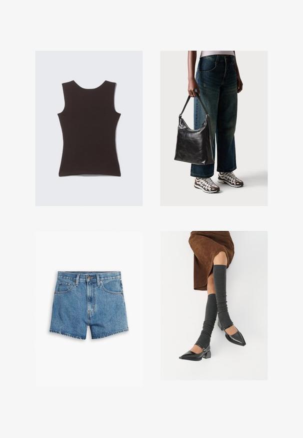 Top senza maniche di colore marrone scuro realizzato in tessuto morbido. Caratterizzato da un colletto rotondo e una texture liscia, senza motivi o accenti visibili.; Shorts in denim blu chiaro, con cinque tasche, chiusura a zip e bottone. L'orlo è sfilacciato e presenta un design a vestibilità rilassata.; Scarpe nere in pelle verniciata con punta affilata, tacco a blocco e cinturino alla caviglia, abbinate a scaldamuscoli grigi a coste e una gonna in suede marrone.; Borsa a tracolla nera in pelle con una texture liscia e tracolla regolabile, abbinata a jeans ampi sbiaditi e sneakers sportive.