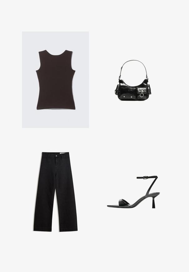Črna brezrokavna majica iz mehkega materiala. Ima okroglo ovratnico in gladko teksturo, brez vidnih vzorcev ali okrasnih elementov.; Črne široke denim hlače z visokim pasom, ki imajo sprednje in zadnje žepe, šivane šive ter gumbasto zapiranje. Gladka tekstura.; Bershka Sandali z visoko peto - black; Črna lakasta usnjena torbica s ukrivljeno obliko, enim ramenskim trakom, sprednjimi žepi in srebrnimi kovinskimi dodatki.
