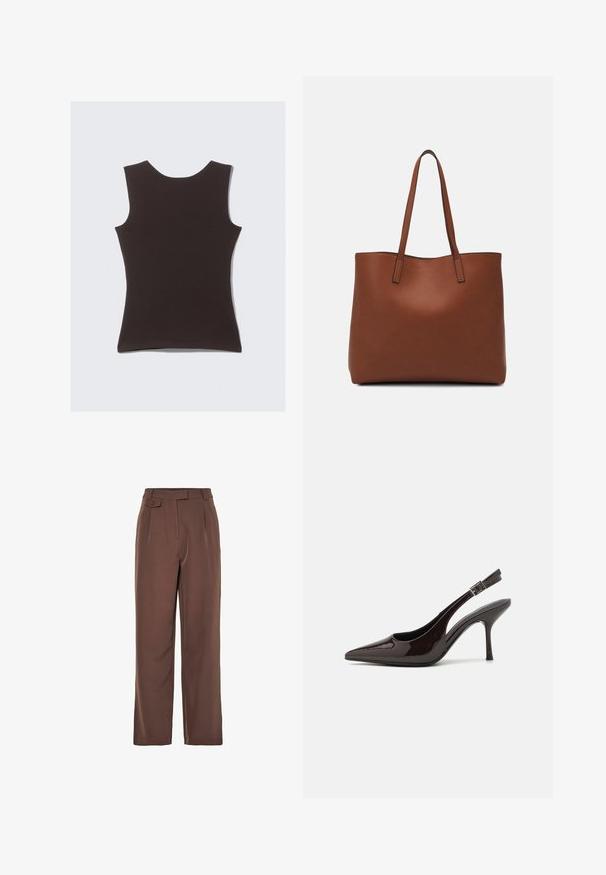 Top senza maniche di colore marrone scuro realizzato in tessuto morbido. Caratterizzato da un colletto rotondo e una texture liscia, senza motivi o accenti visibili.; Pantaloni larghi a gamba dritta in marrone intrecciato con vita alta, pieghe frontali e dettaglio con bottone. Texture liscia con un design sartoriale.; Scarpa con tacco alto tipo slingback in pelle verniciata marrone scuro lucido, punta affusolata, lati aperti e cinturino alla caviglia regolabile.; Borsa tote in pelle marrone con texture liscia, design con apertura superiore e due spallacci. Presenta cuciture minime e nessun hardware visibile.