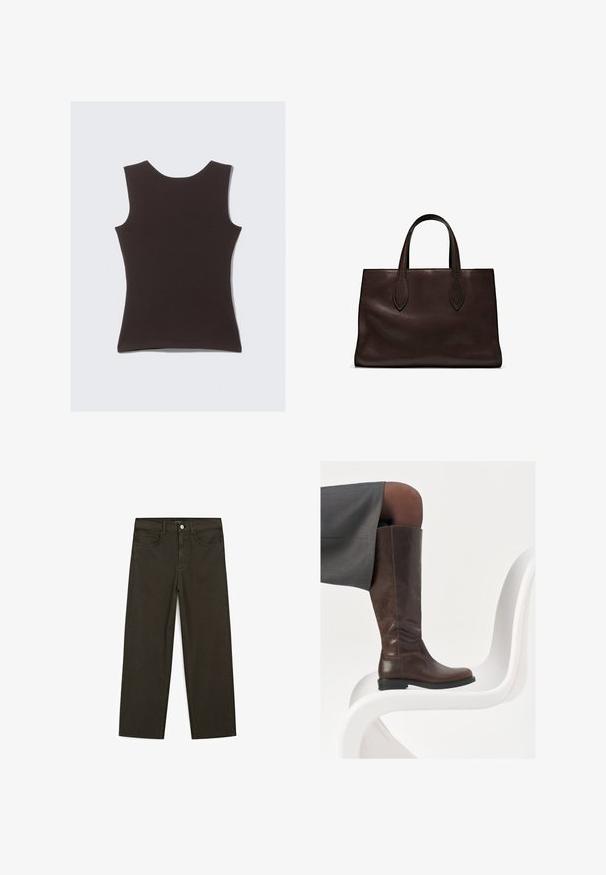Ärmelloses, schokoladenbraunes Oberteil aus weichem Stoff. Hat einen runden Ausschnitt und eine glatte Textur, ohne sichtbare Muster oder Akzente.; Dunkelgrüne Jeans im weit geschnittenen Style, hergestellt aus einem Baumwollgemisch. Sie verfügen über einen Frontknopfverschluss, fünf Taschen und klassische Denim-Nähte.; Braune Lederstiefel bis zum Knie mit abgerundeter Spitze, glatter Oberfläche und minimalen Nähten, vor einem hellen Hintergrund auf einem weißen Stuhl.; Braune Ledertasche mit zwei langen Griffen, strukturierte rechteckige Form, glatte Textur und dezente Nähdetails.