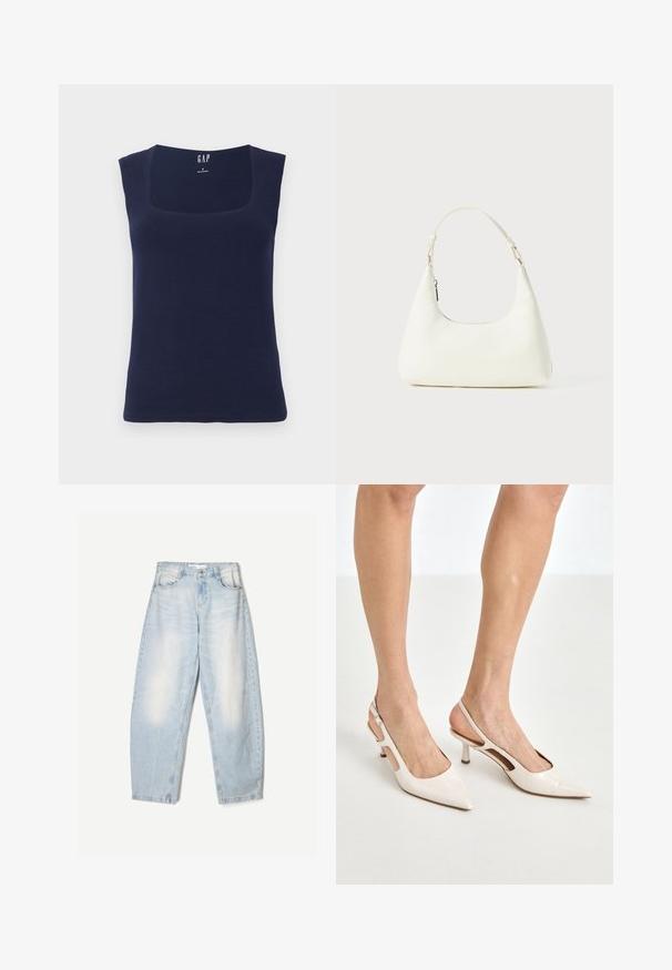 Námořnická modrá bezrukávová halenka vyrobená z měkké bavlny, s hranatým výstřihem a obepínající siluetou s čistými, zakončenými okraji.; Bílá košile na knoflíky s klasickým límcem, dlouhými rukávy a volným střihem. Vyrobena z lehké látky s hladkým povrchem.; Světle modré džíny s volným střihem, s vybledlým povrchem, dvěma předními kapsami a zapínáním na knoflík v pase.; Béžové lakované lodičky na podpatku s špičatou špičkou a 5 cm podpatkem, se vykrojenými boky a tenkým kotníkovým páskem.; Malá bílá ramenní taška s jedním nastavitelným popruhem a zipovým uzávěrem, umístěná na jednobarevném bílém pozadí.