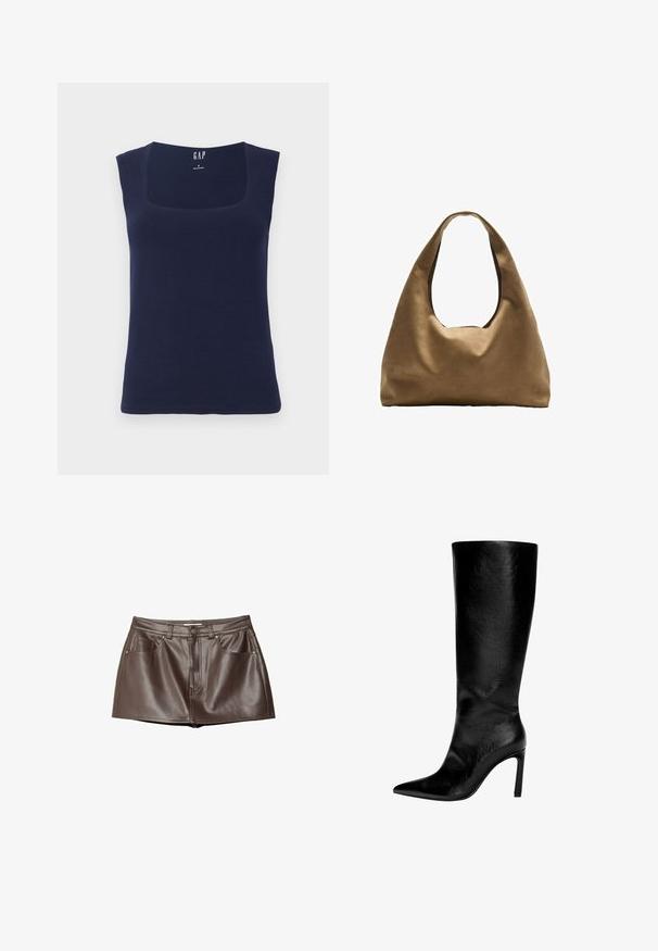 Marineblauwe mouwloze top van zachte katoen, met een vierkante halslijn en een getailleerde pasvorm met schone, afgewerkte randen.; Bruine leren minirok met een gladde textuur, riemlussen, voorkeurszakken en een knoopsluiting in de taille.; Zwart leren laars tot de knie met een spitse neus, hoge stilettohak, een gladde afwerking en een eenvoudig, slank ontwerp zonder versieringen.; Bruine stoffen schoudertas met een brede, ronde vorm en een grote uitsnede handvat. Zachte textuur, minimalistisch ontwerp en geen zichtbare hardware.