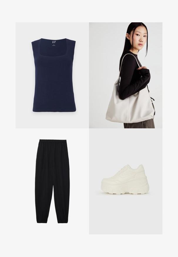 Top senza maniche di colore blu navy realizzato in cotone morbido, con scollatura quadrata e forma aderente con bordi rifiniti.; Pantaloni neri leggeri con vita elastica e caviglie arricciate. Il tessuto è liscio e presenta un design rilassato e affusolato.; Sneakers bianchi con piattaforma, caratterizzati da una parte superiore simile alla pelle liscia, forma arrotondata, collo imbottito e suola in gomma testurizzata con scanalature ben definite.; Borsa a mano beige realizzata in materiale morbido, caratterizzata da un design morbido, dettagli cuciti e due manici. Adatta per l'uso quotidiano.