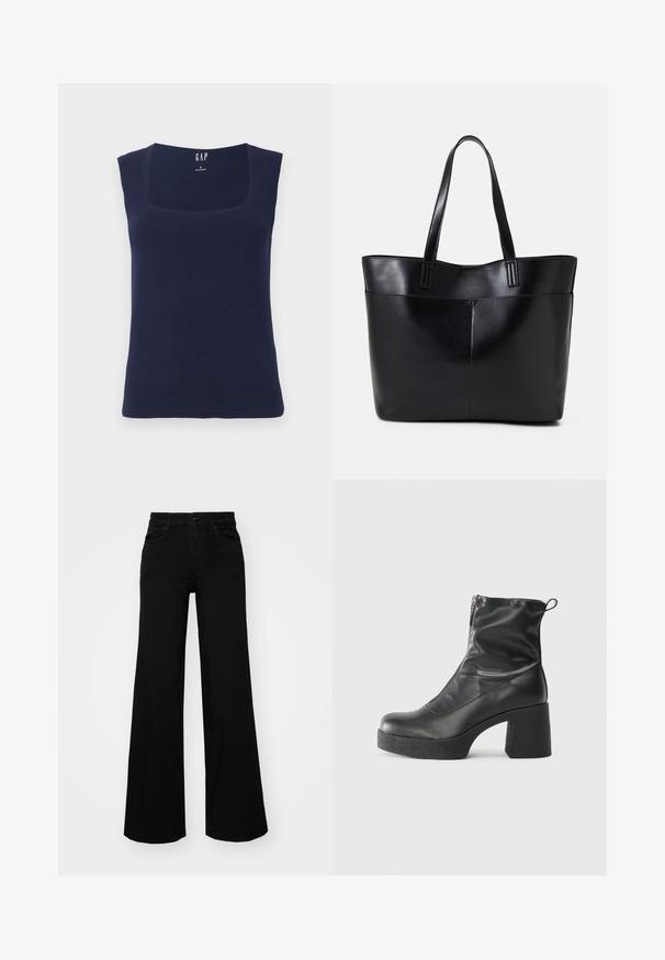 Mørkeblå ermeløs topp laget av myk bomull, med firkantet hals og en fitted form med rene, fullførte kanter.; Svart vide bukser laget av denim, med en strukturert midjebånd, beltestropper og frontlommer. Glatt tekstur med et klassisk design.; Svarte ankelstøvler laget av glatt lær, med glidelås på siden, chunky strukturert hæl, og rund tå-design.; Svart lær toteveske med to lange håndtak, en glatt tekstur og en strukturert form. Har en frontlomme for ekstra oppbevaring.