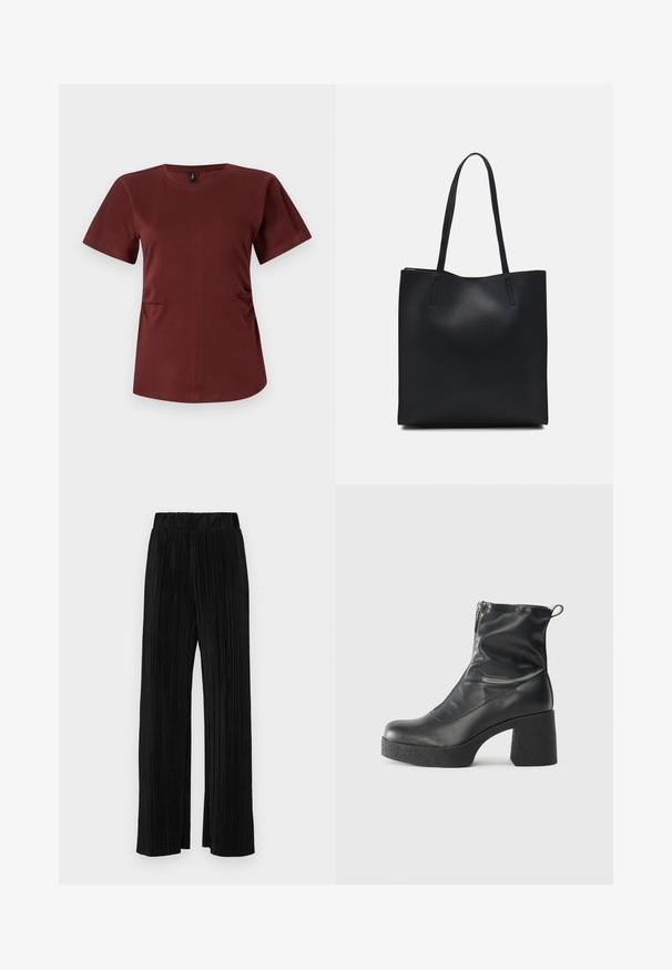 Burgundijas krāsas īsais T-krekls, kas izgatavots no mīkstas kokvilnas. Funkcijas apaļš kakls un smalki sānu savilkumi, lai piešķirtu formu. Gluda tekstūra.; Melni plīšu bikses ar elastīgu jostu. Tām ir platākas kājas un gluda, teksturēta auduma ar vertikālām svītrām.; Melni potītes zābaki, kas izgatavoti no gludas ādas, ar sānu rāvējslēdzēju, masīvu strukturētu papēdi un noapaļotu purngalu.; Melnas ādas somiņa ar gludu tekstūru, taisnstūra formu un divām garām rokturiem. Nav redzamu aparatūras vai rotājumu.