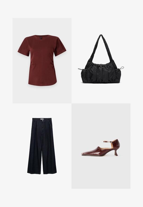 Bordeaux kortærmet t-shirt lavet af blød bomuld. Har en rund halsudskæring og diskrete sidefoldninger for ekstra form. Glat tekstur.; Mørk denim bredbenede bukser med høj talje, der har en frontlukning med knap, to sidelommer og syningsdetaljer.; Bordeaux laklæder sko med spids tå, ankelrem og en 5 cm skrå hæl. Glat tekstur og minimalistisk design.; Sort stof handbag med samlede strukturer, to skulderremme og snorelukning i siderne. Glat, let materiale.